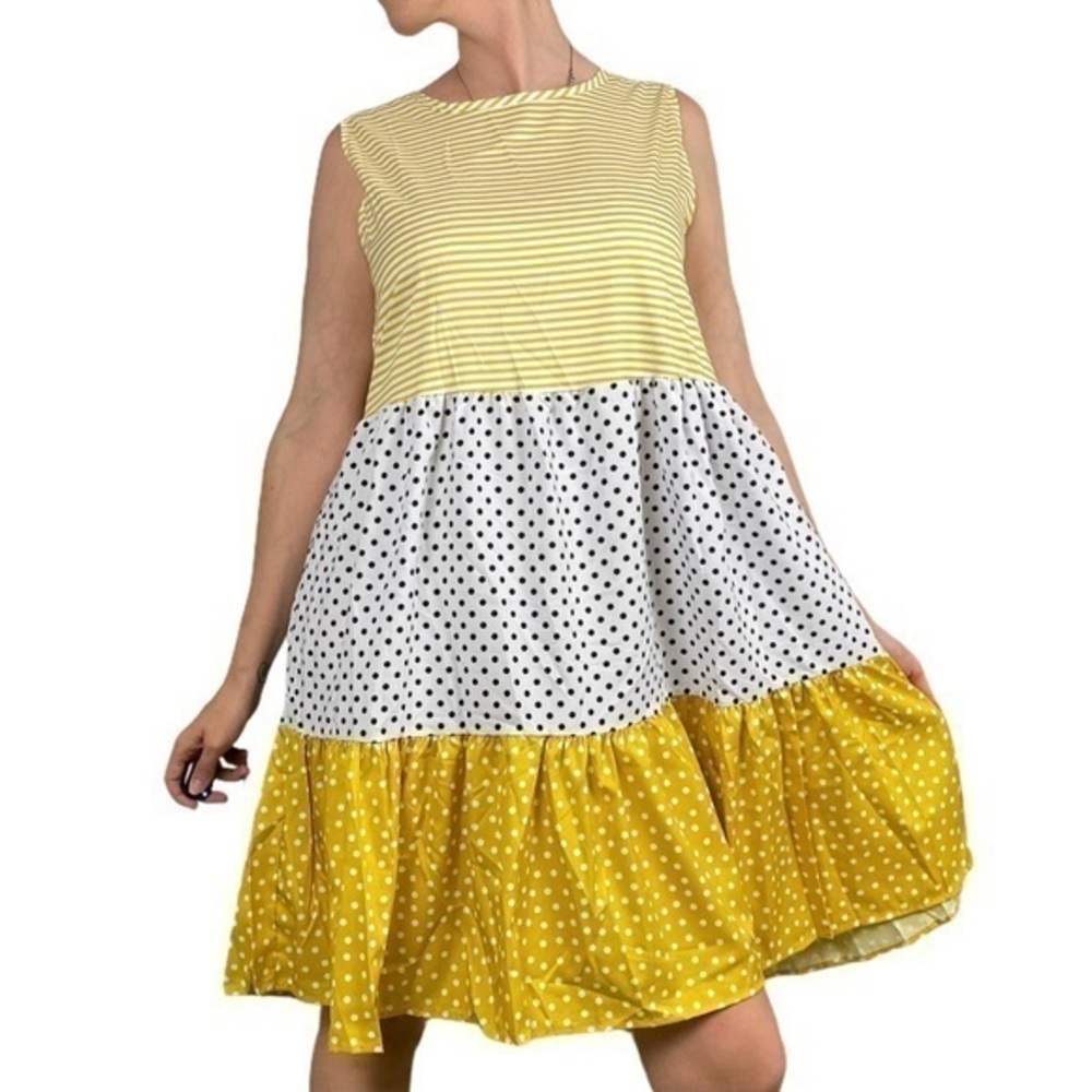 LAPENTRY Yellow White Polka Dot Stripe Dress Large